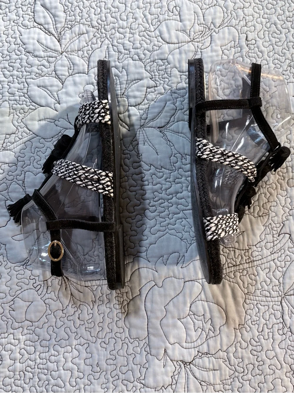 Anthropologie Fringed Rope Tassel Sandals Black White Woven Boho Sandals Sz 8💛